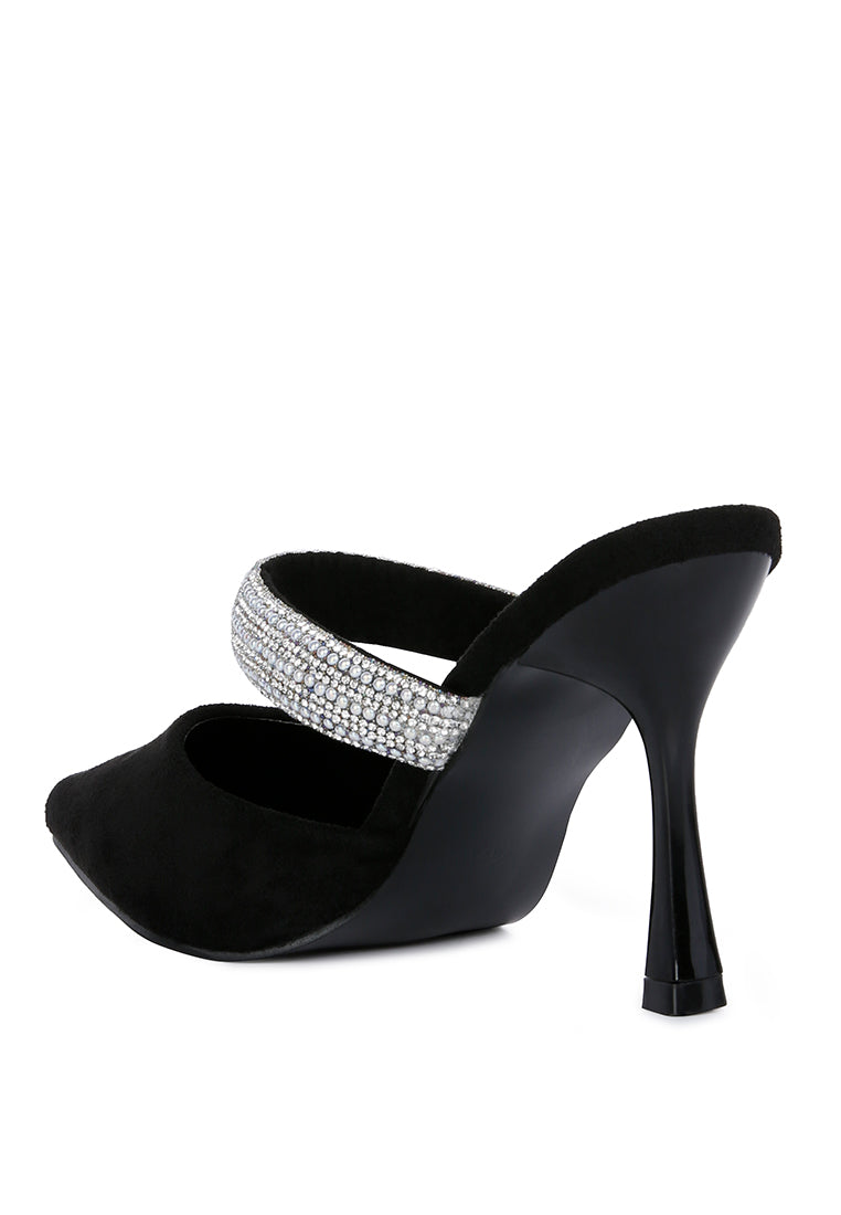 Fauci Diamante Strap Heeled Mules featuring a pointed toe and sparkling diamante strap, elegantly designed for evening wear.