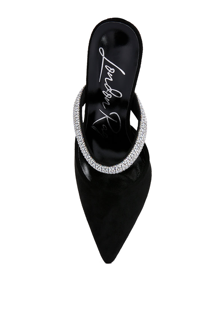 Fauci Diamante Strap Heeled Mules featuring a pointed toe and sparkling diamante strap, elegantly designed for evening wear.