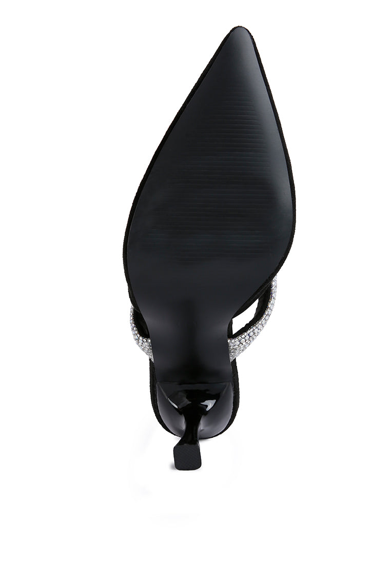 Fauci Diamante Strap Heeled Mules featuring a pointed toe and sparkling diamante strap, elegantly designed for evening wear.