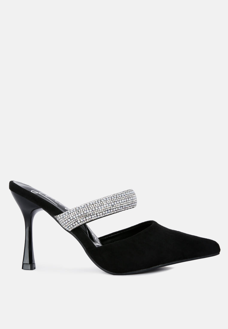 Fauci Diamante Strap Heeled Mules featuring a pointed toe and sparkling diamante strap, elegantly designed for evening wear.