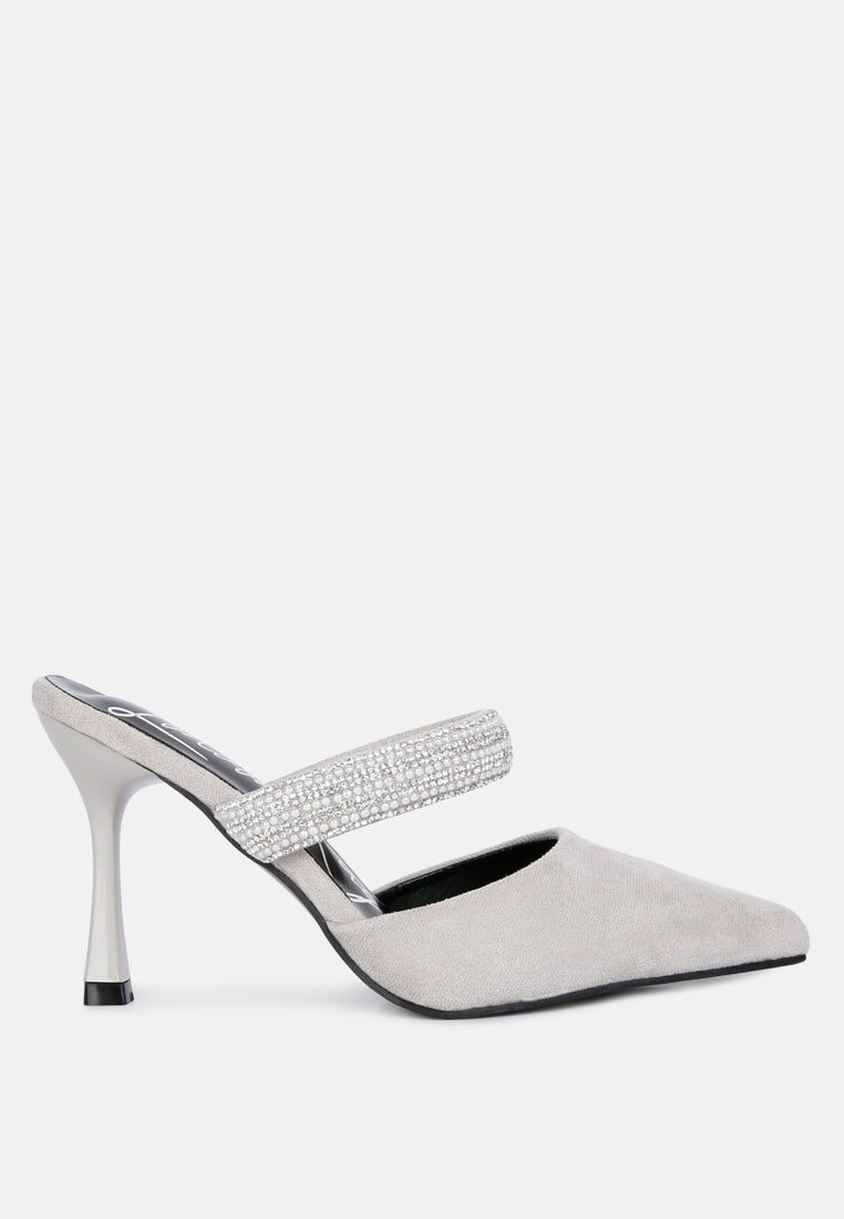 Fauci Diamante Strap Heeled Mules featuring a pointed toe and sparkling diamante strap, elegantly designed for evening wear.