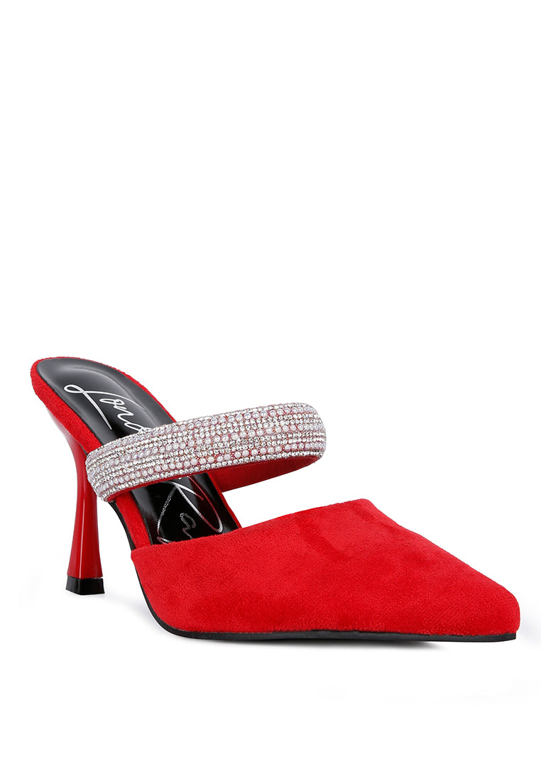 Fauci Diamante Strap Heeled Mules featuring a pointed toe and sparkling diamante strap, elegantly designed for evening wear.