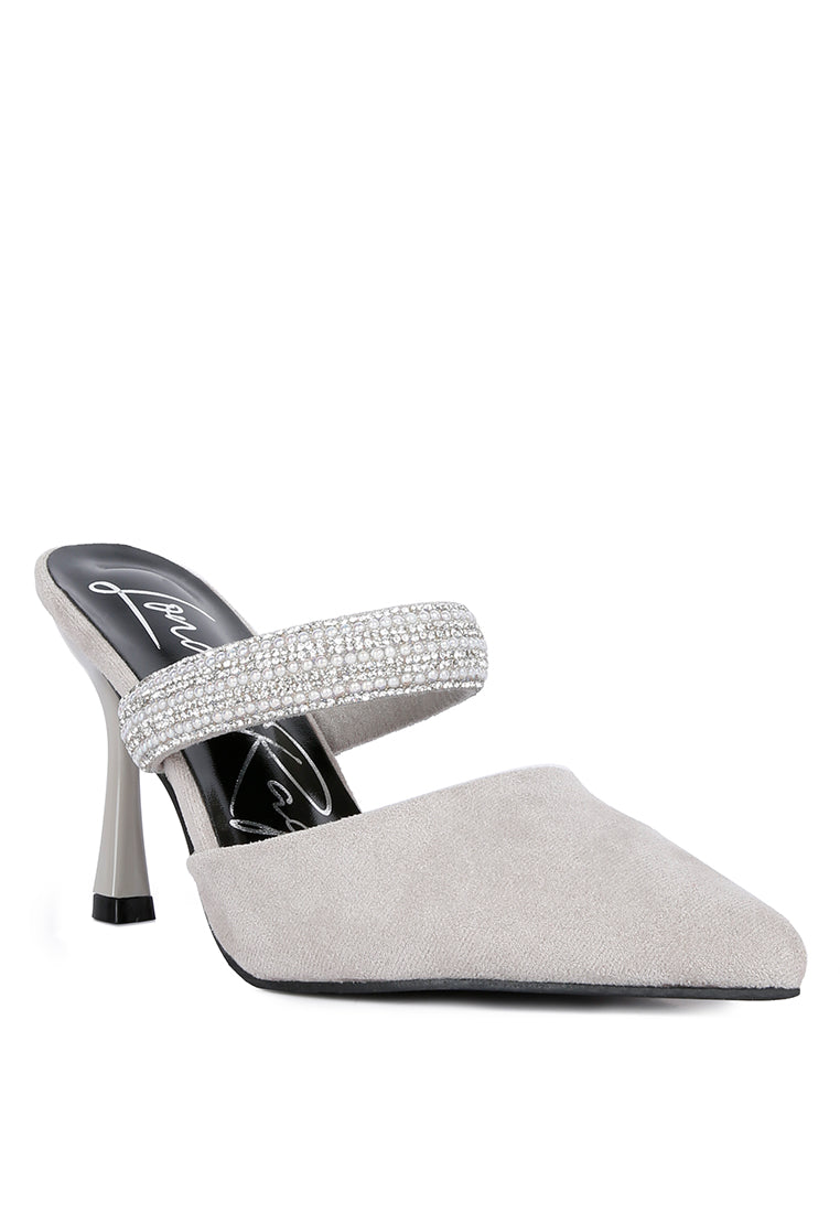 Fauci Diamante Strap Heeled Mules featuring a pointed toe and sparkling diamante strap, elegantly designed for evening wear.