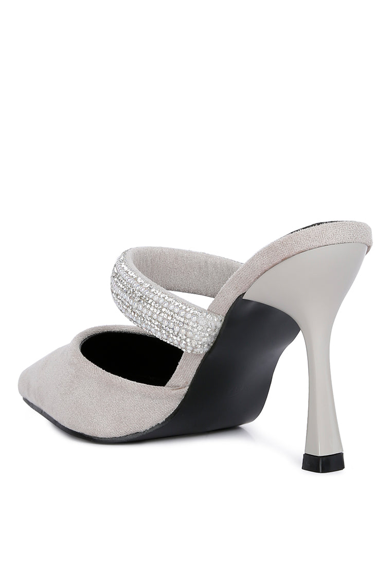 Fauci Diamante Strap Heeled Mules featuring a pointed toe and sparkling diamante strap, elegantly designed for evening wear.