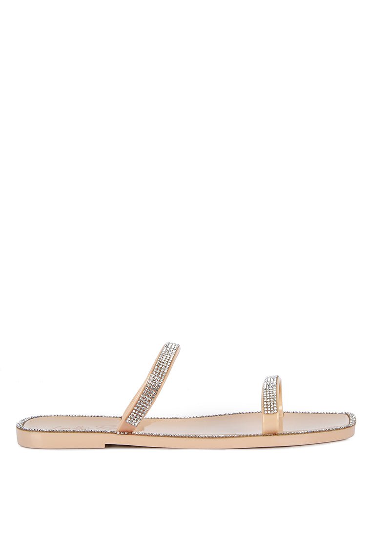 Fenta Diamante Detail Jelly Flats showcasing sparkling diamante studs and a stylish open square toe design.