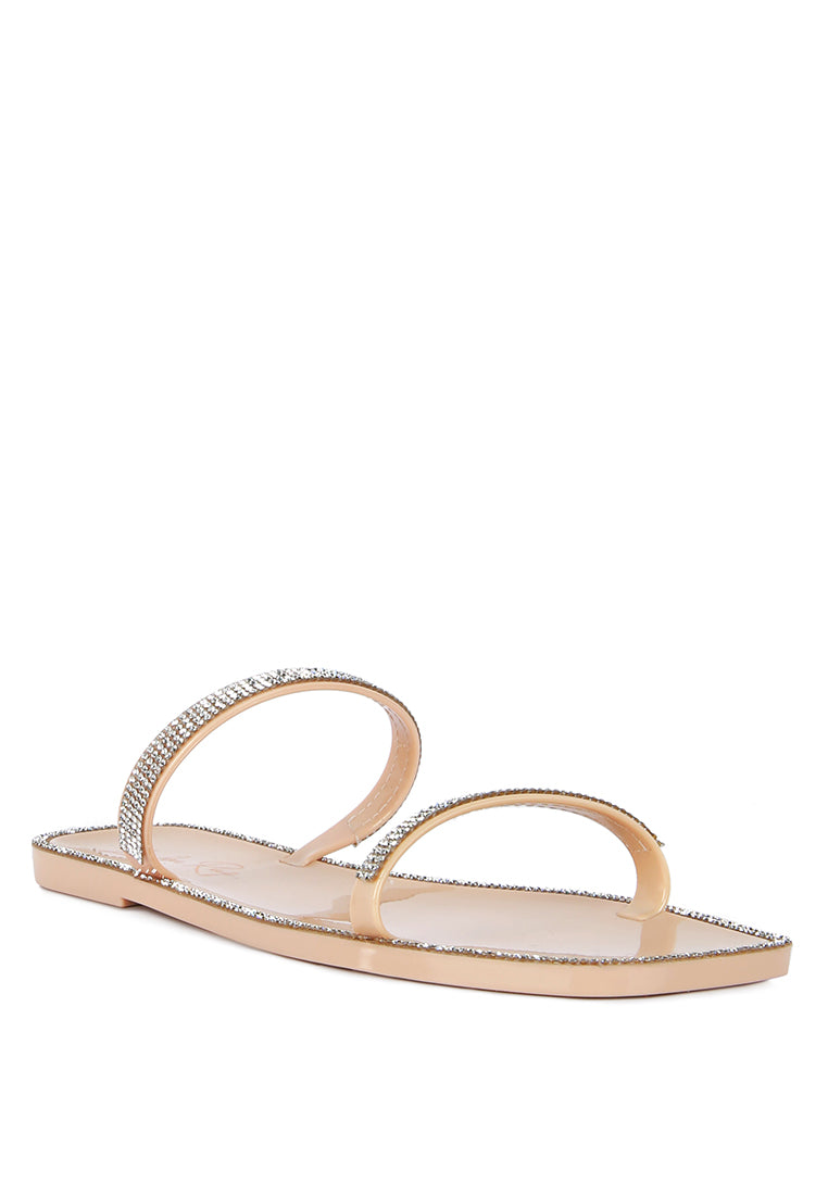 Fenta Diamante Detail Jelly Flats showcasing sparkling diamante studs and a stylish open square toe design.