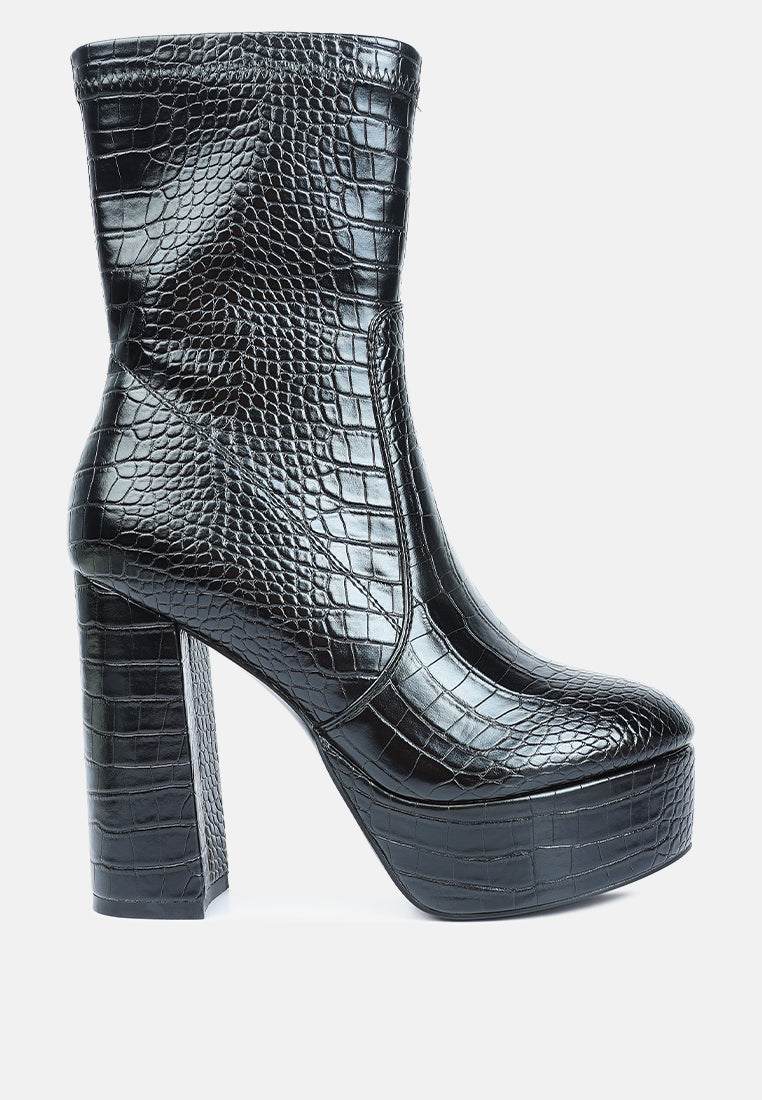Feral High Heeled Croc Pattern Ankle Boot featuring a pointed toe, block heel, and side zipper in a stylish croc pattern.