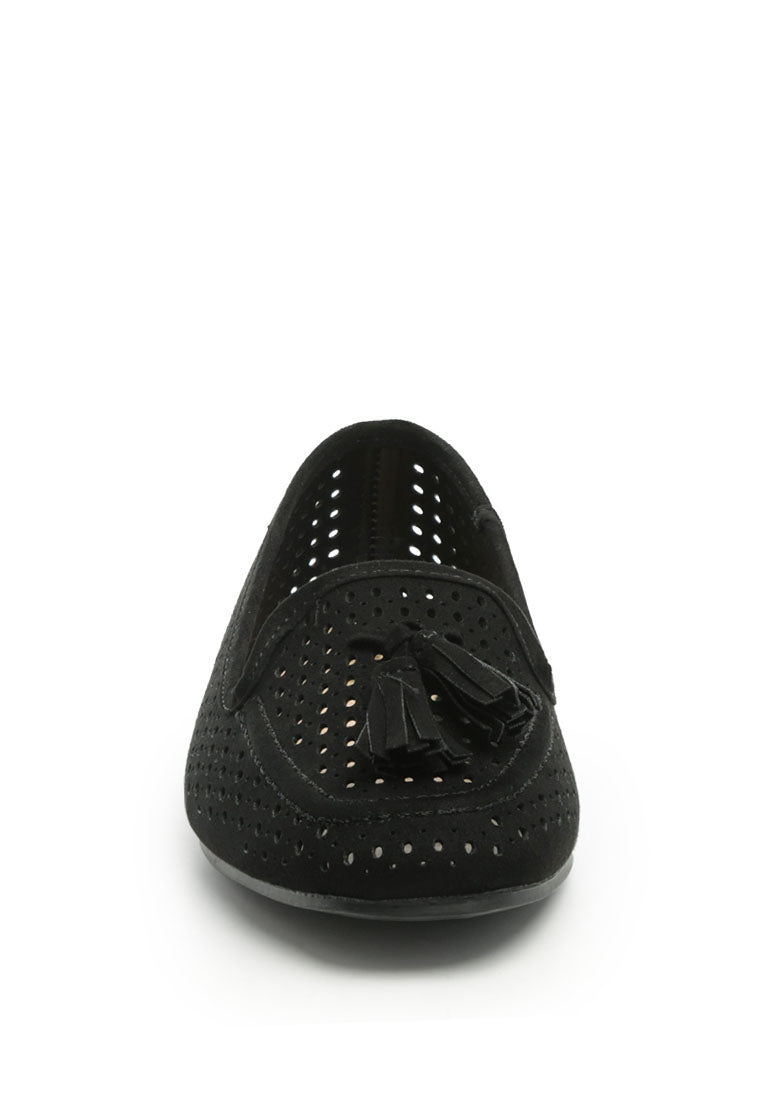Feet Nest Perforated Microfiber Loafer featuring a chic perforated design and tassel detail, perfect for casual outings.