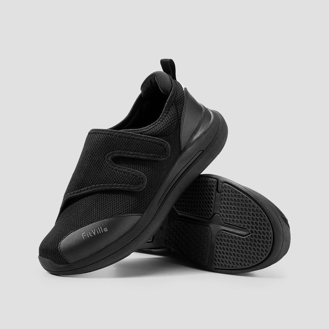 FitVille Men's EasyTop Diabetic Shoes V1 featuring adjustable Velcro straps, deep toe box, and cushioned sole for comfort.