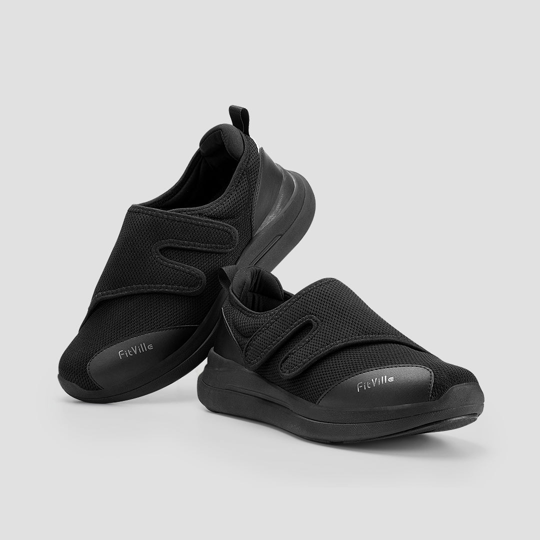 FitVille Men's EasyTop Diabetic Shoes V1 featuring adjustable Velcro straps, deep toe box, and cushioned sole for comfort.