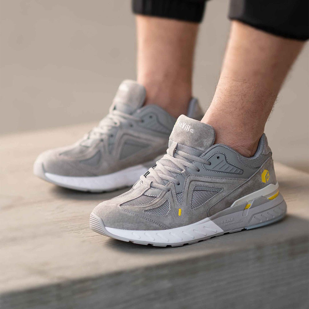 FitVille Men's Rebound Core Walking Shoes V1 showcasing a wide toe box, premium suede upper, and shock-absorbing soles for ultimate comfort.