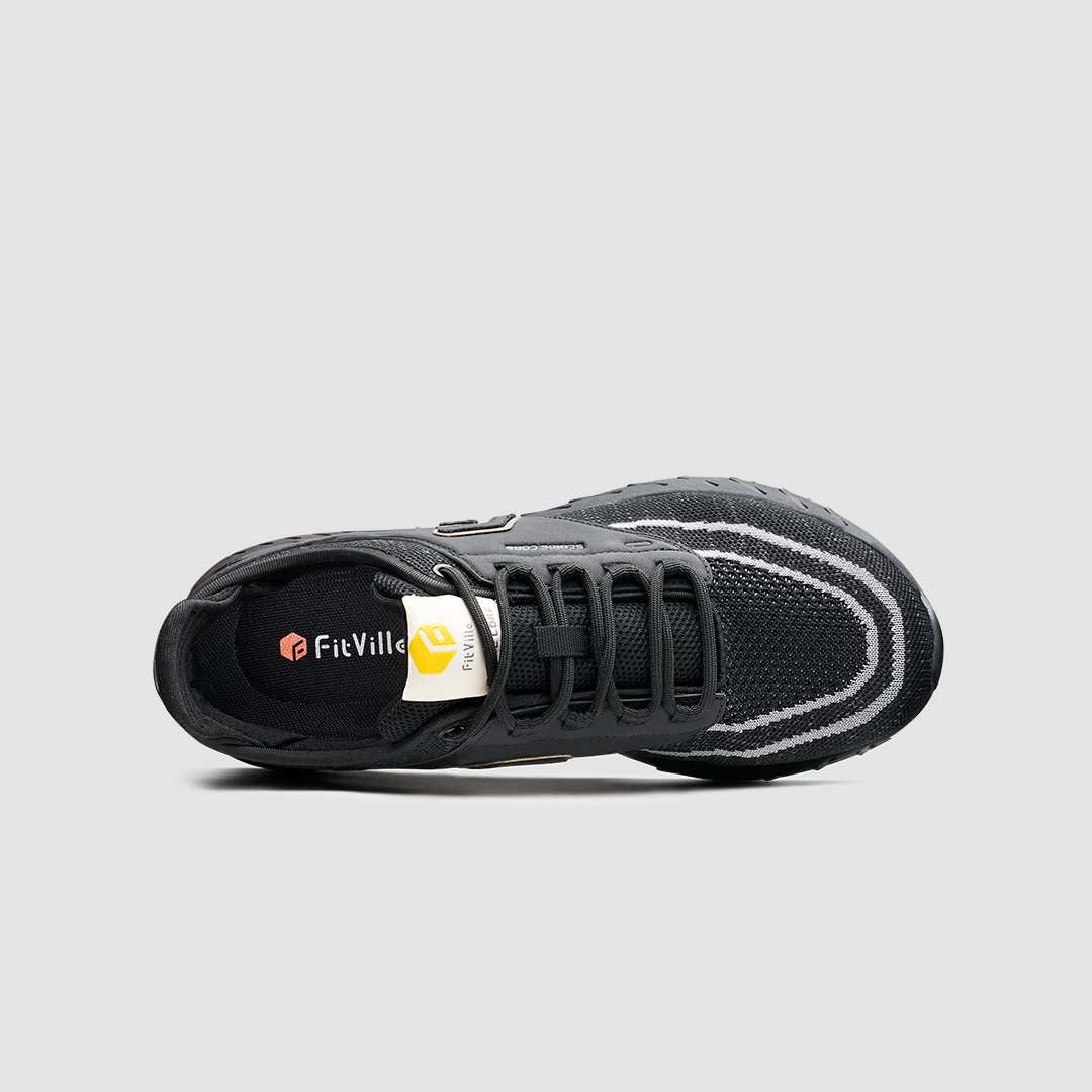 FitVille Men's Stride Core Running Shoes V3 showcasing a breathable Flyknit upper, wide toe box, and PropelCore™ sole technology.