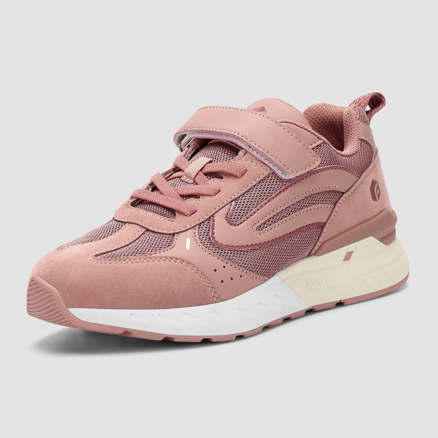 FitVille Women's Rebound Core V2 shoes featuring a light pink accent, Velcro strap closure, and a wide toe box for comfort.