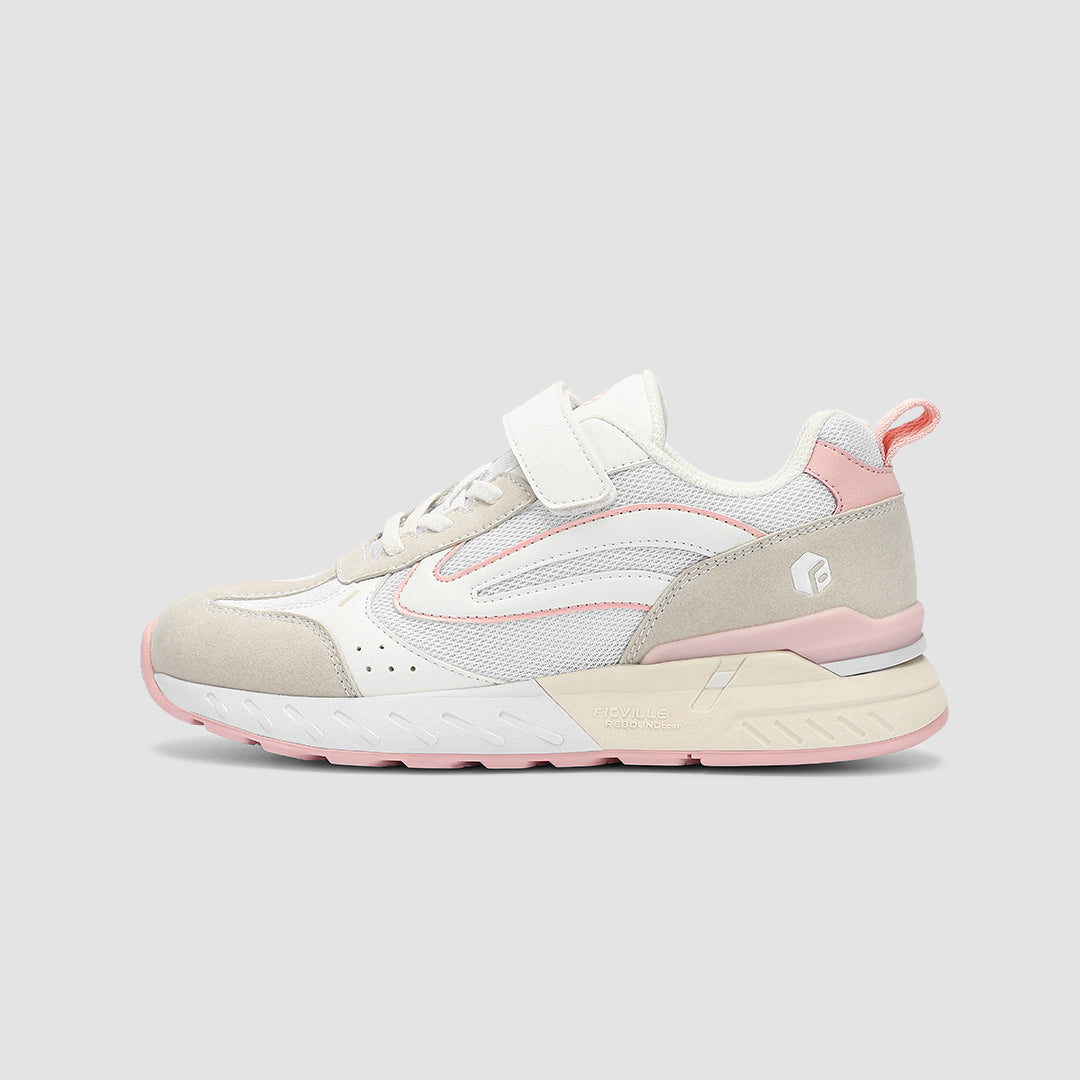 FitVille Women's Rebound Core V2 shoes featuring a light pink accent, Velcro strap closure, and a wide toe box for comfort.