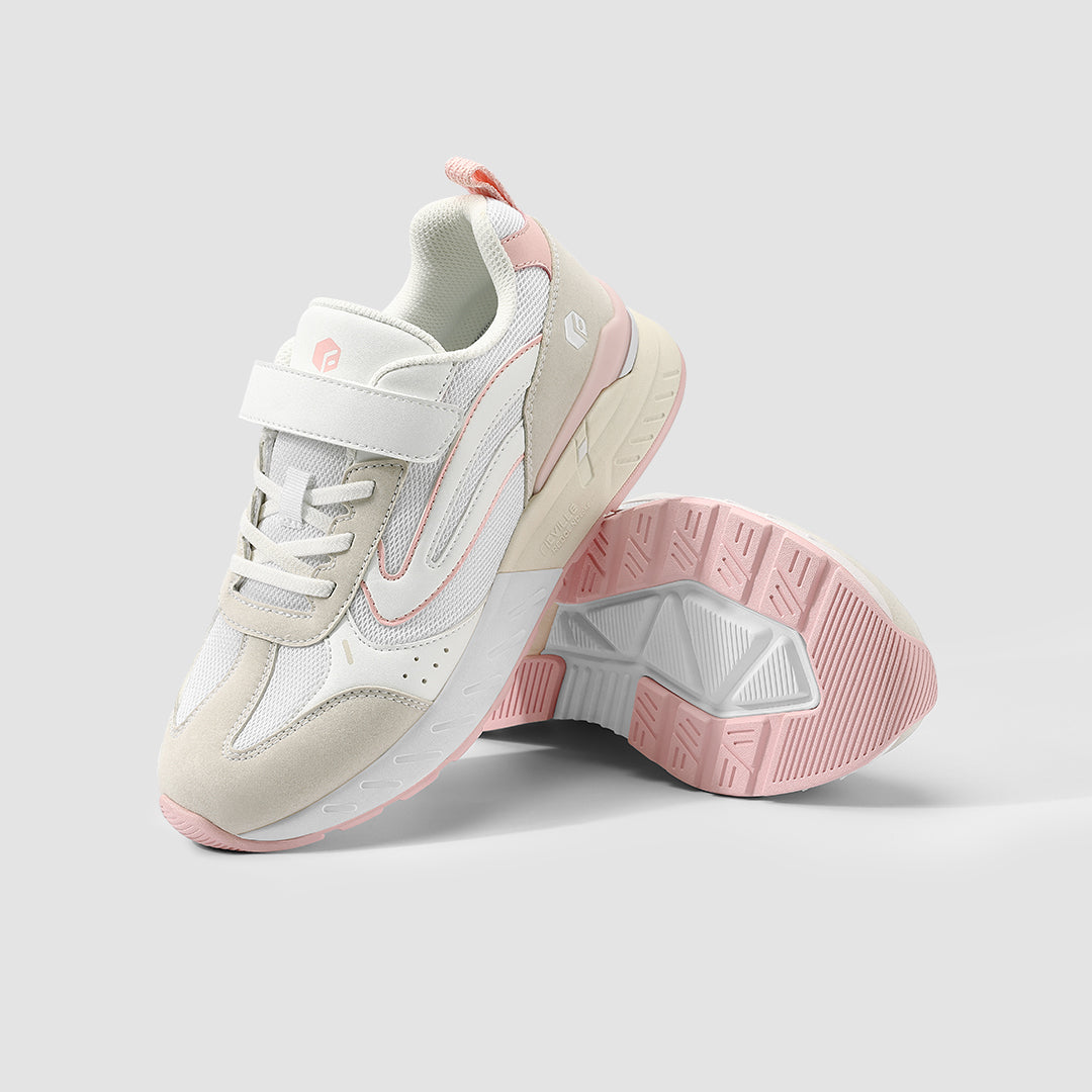 FitVille Women's Rebound Core V2 shoes featuring a light pink accent, Velcro strap closure, and a wide toe box for comfort.