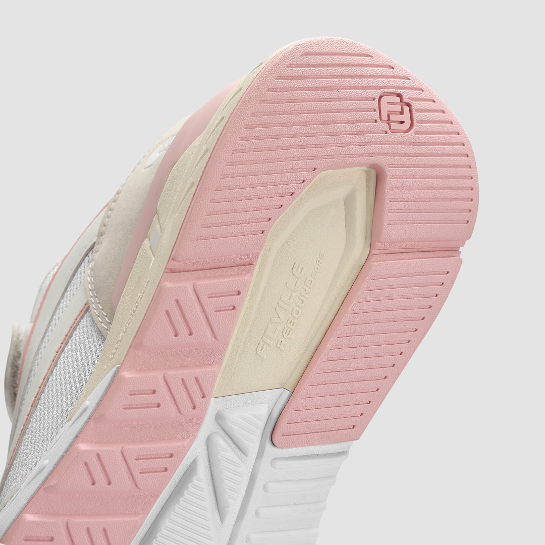 FitVille Women's Rebound Core V2 shoes featuring a light pink accent, Velcro strap closure, and a wide toe box for comfort.