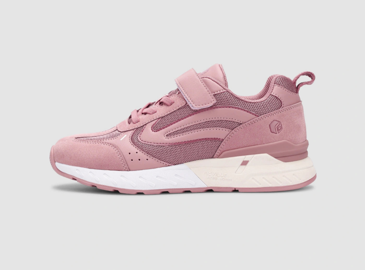 FitVille Women's Rebound Core V2 shoes featuring a light pink accent, Velcro strap closure, and a wide toe box for comfort.