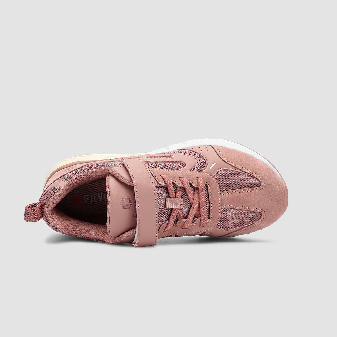 FitVille Women's Rebound Core V2 shoes featuring a light pink accent, Velcro strap closure, and a wide toe box for comfort.