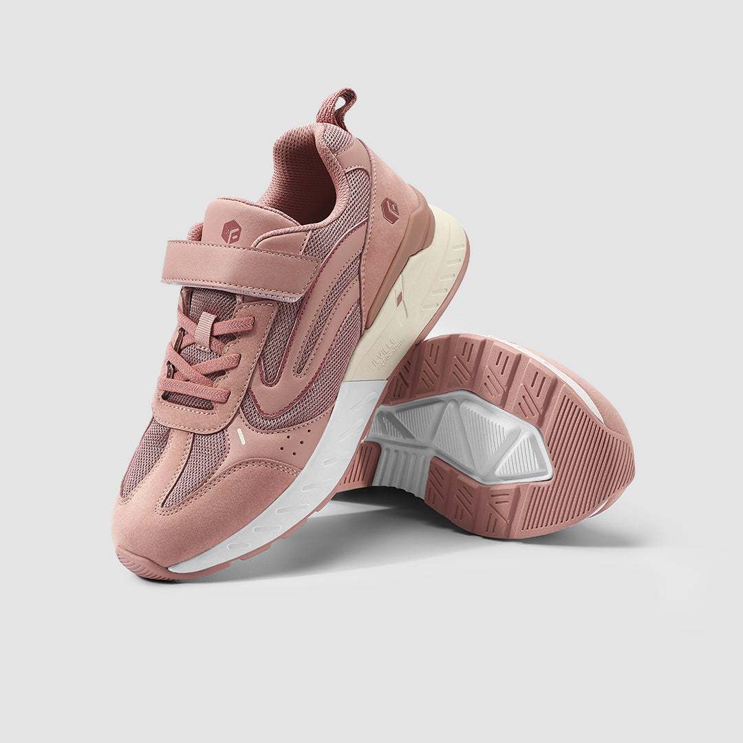 FitVille Women's Rebound Core V2 shoes featuring a light pink accent, Velcro strap closure, and a wide toe box for comfort.