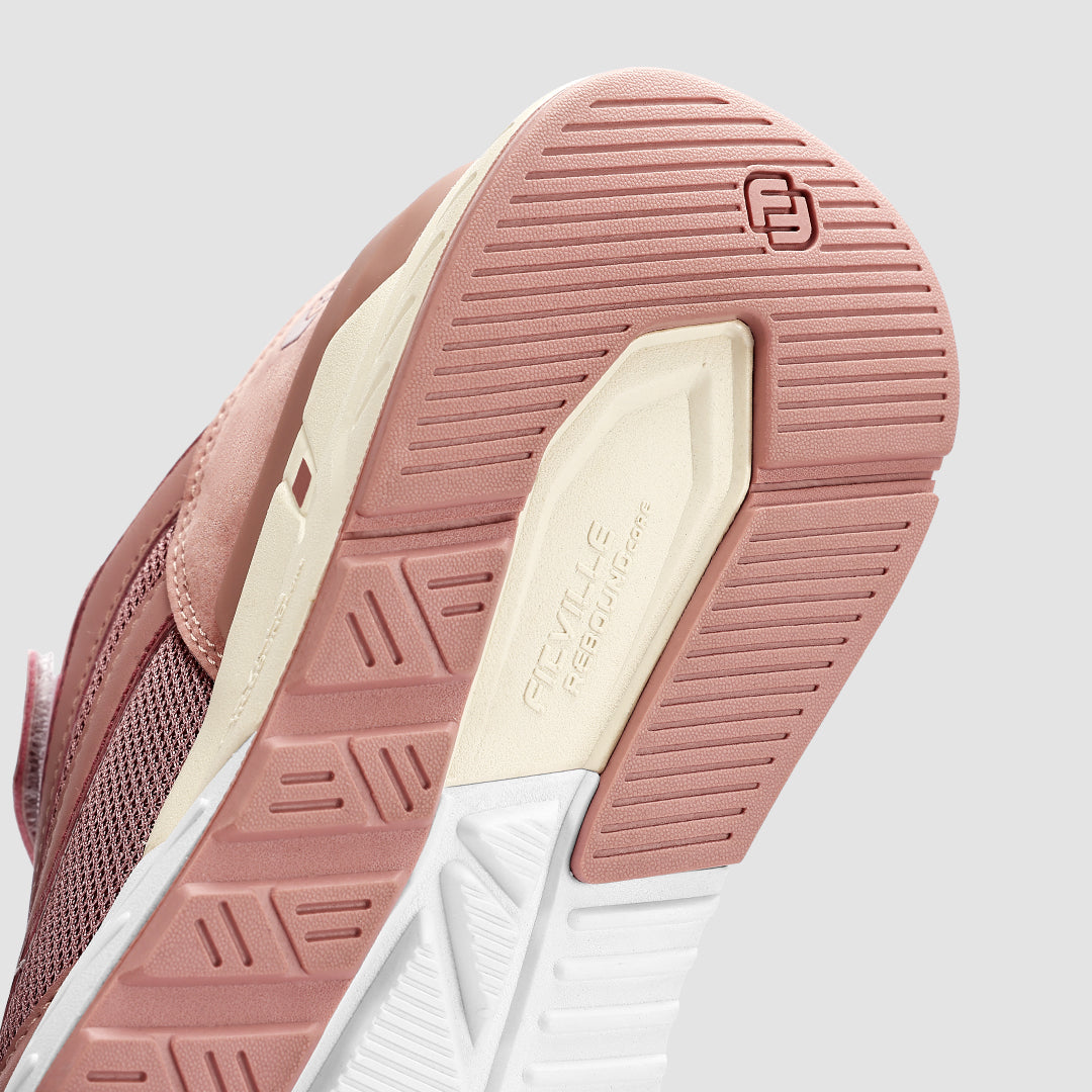FitVille Women's Rebound Core V2 shoes featuring a light pink accent, Velcro strap closure, and a wide toe box for comfort.