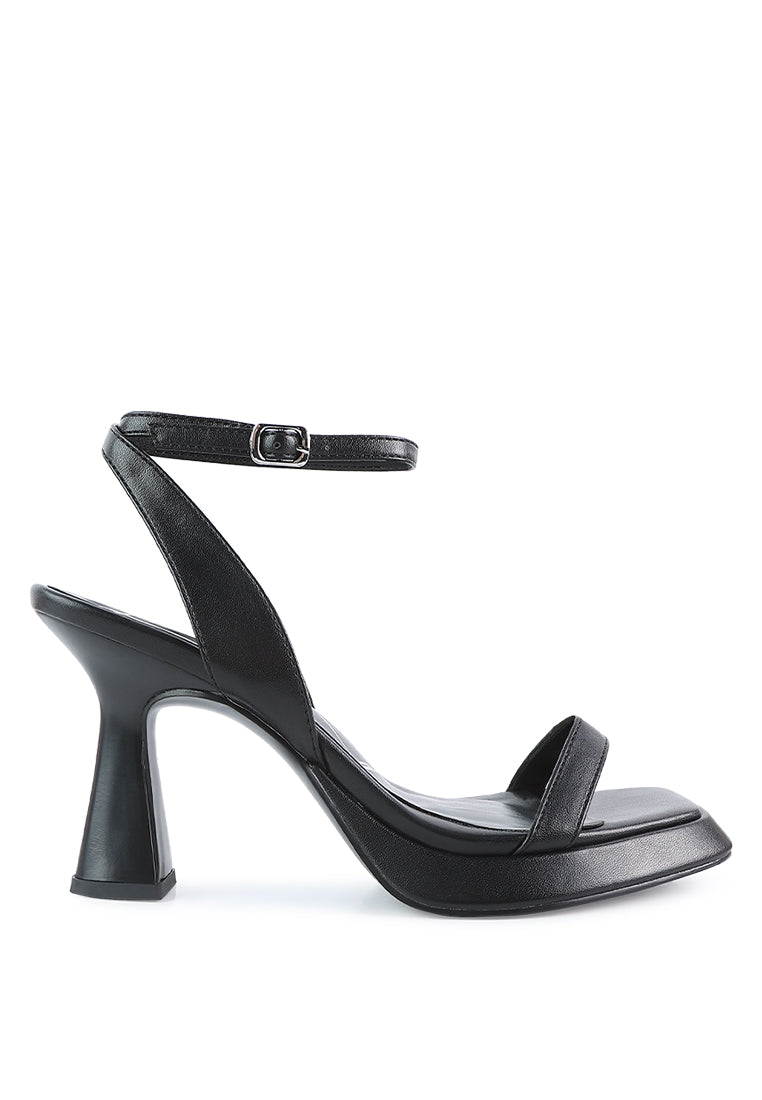 Five Star Ankle Strap Kitten Heel Sandals featuring a black PU upper, open square toe, and comfortable ankle strap design.