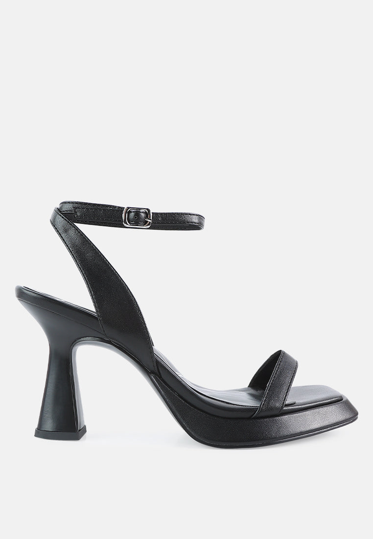 Five Star Ankle Strap Kitten Heel Sandals featuring a black PU upper, open square toe, and comfortable ankle strap design.