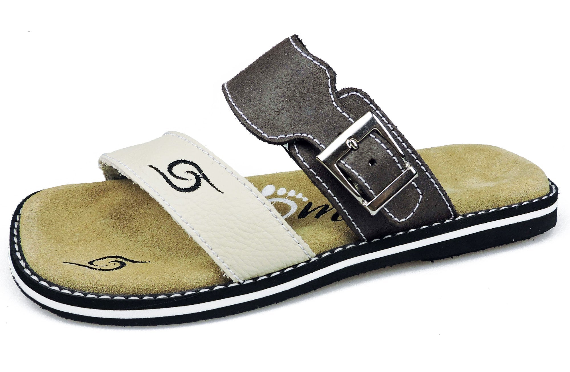 Stylish braun/beige leather flip-flops with adjustable strap and anatomical insoles, perfect for summer wear.