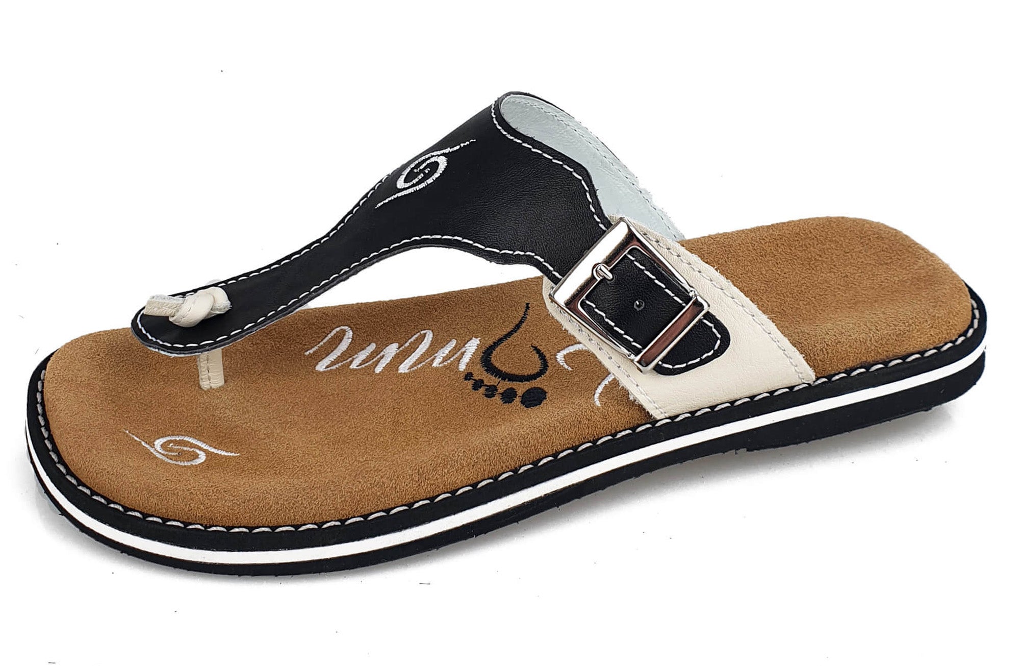 Stylish braun/beige leather flip-flops with adjustable strap and anatomical insoles, perfect for summer wear.