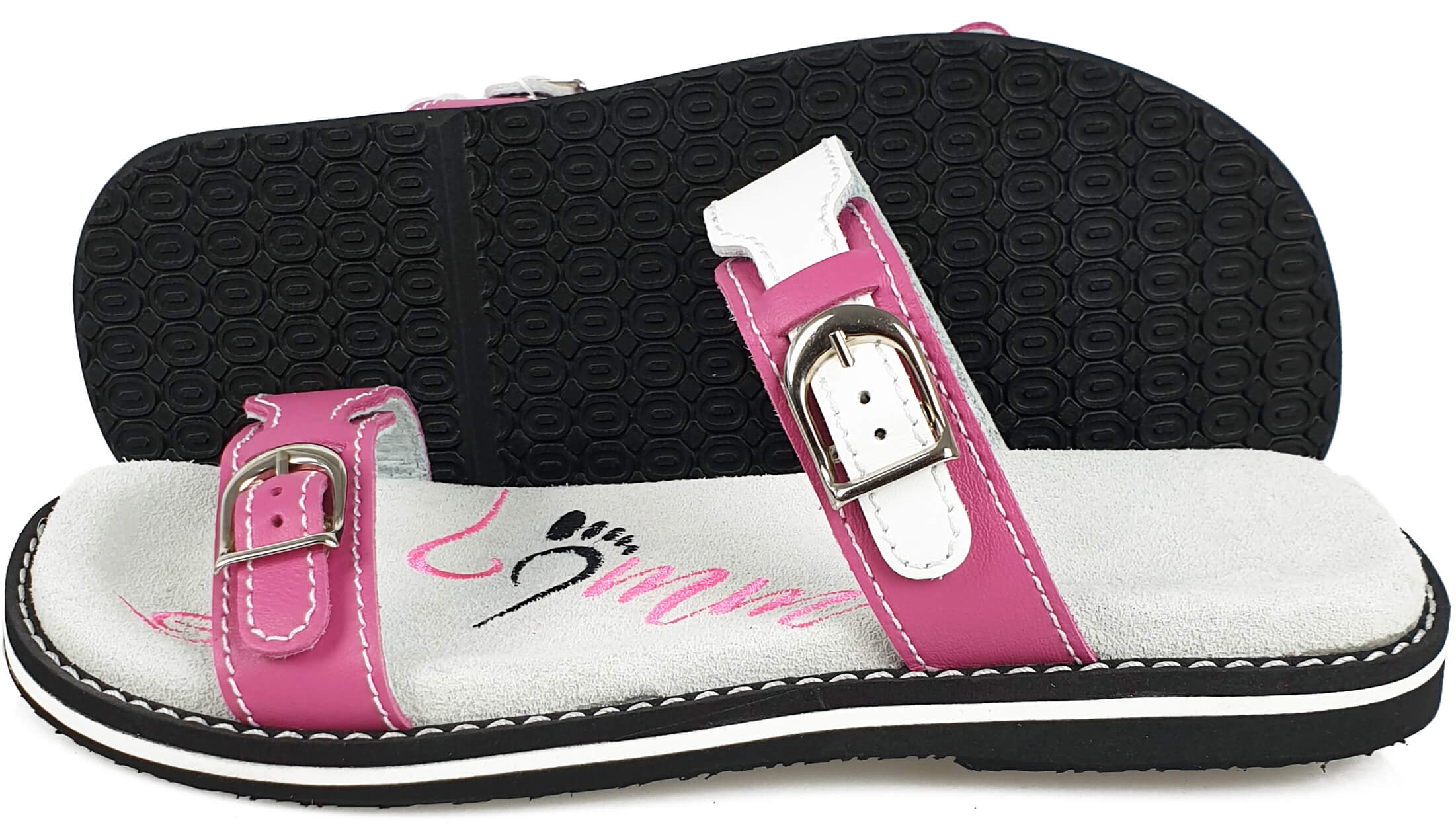 Stylish Weiss/Rosa leather flip-flops with adjustable strap and anatomical insoles, perfect for summer wear.
