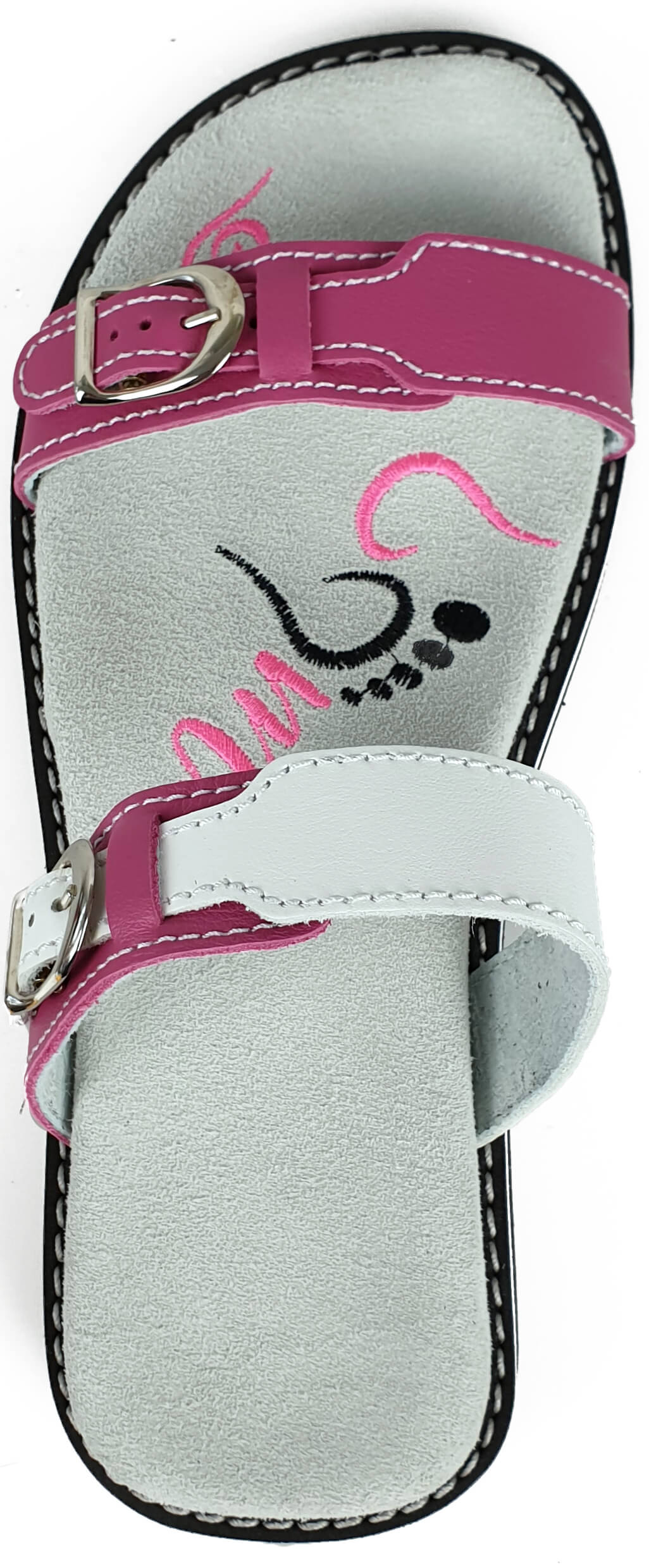 Stylish Weiss/Rosa leather flip-flops with adjustable strap and anatomical insoles, perfect for summer wear.