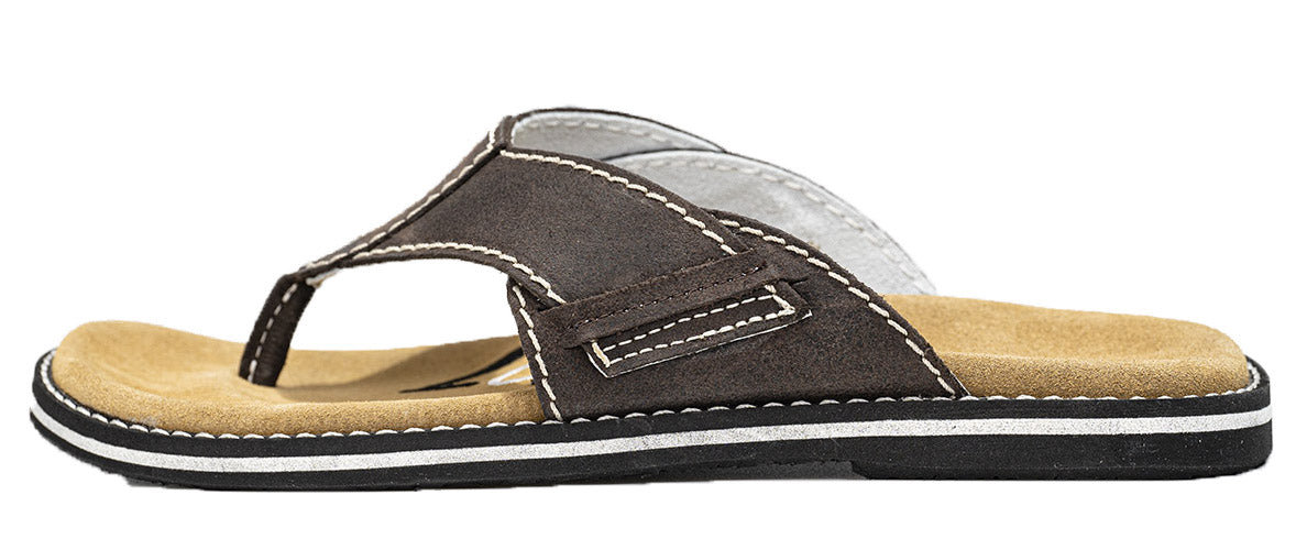 Stylish brown leather flip-flops with anatomical insoles, perfect for summer wear.