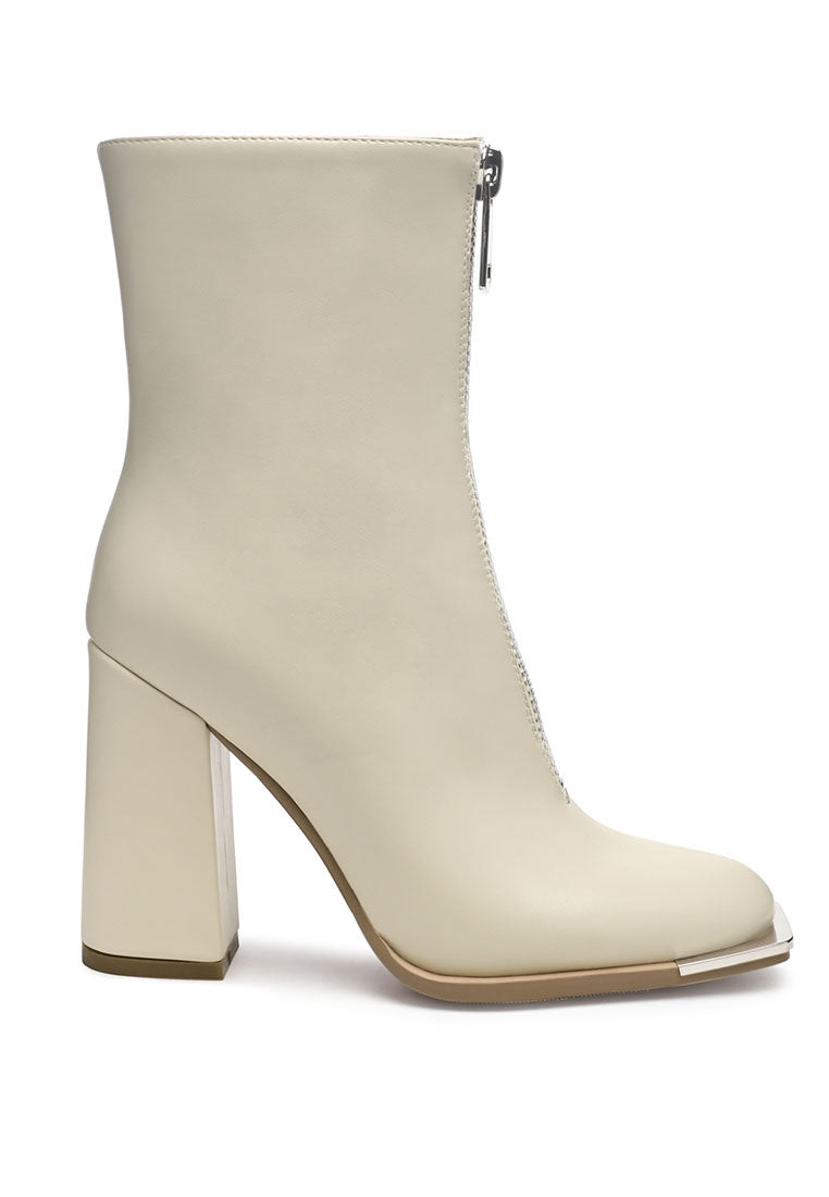 Flower Blade Boot featuring a square toe design, front zipper, and metallic sling detail, perfect for stylish outings.