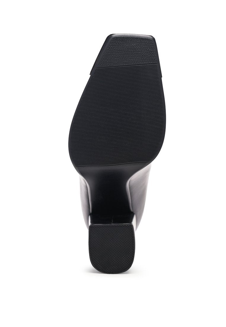 Flower Blade Boot featuring a square toe design, front zipper, and metallic sling detail, perfect for stylish outings.