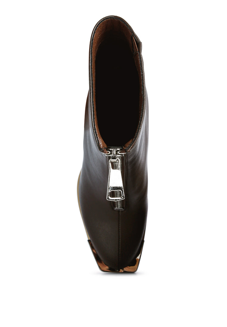 Flower Blade Boot featuring a square toe design, front zipper, and metallic sling detail, perfect for stylish outings.