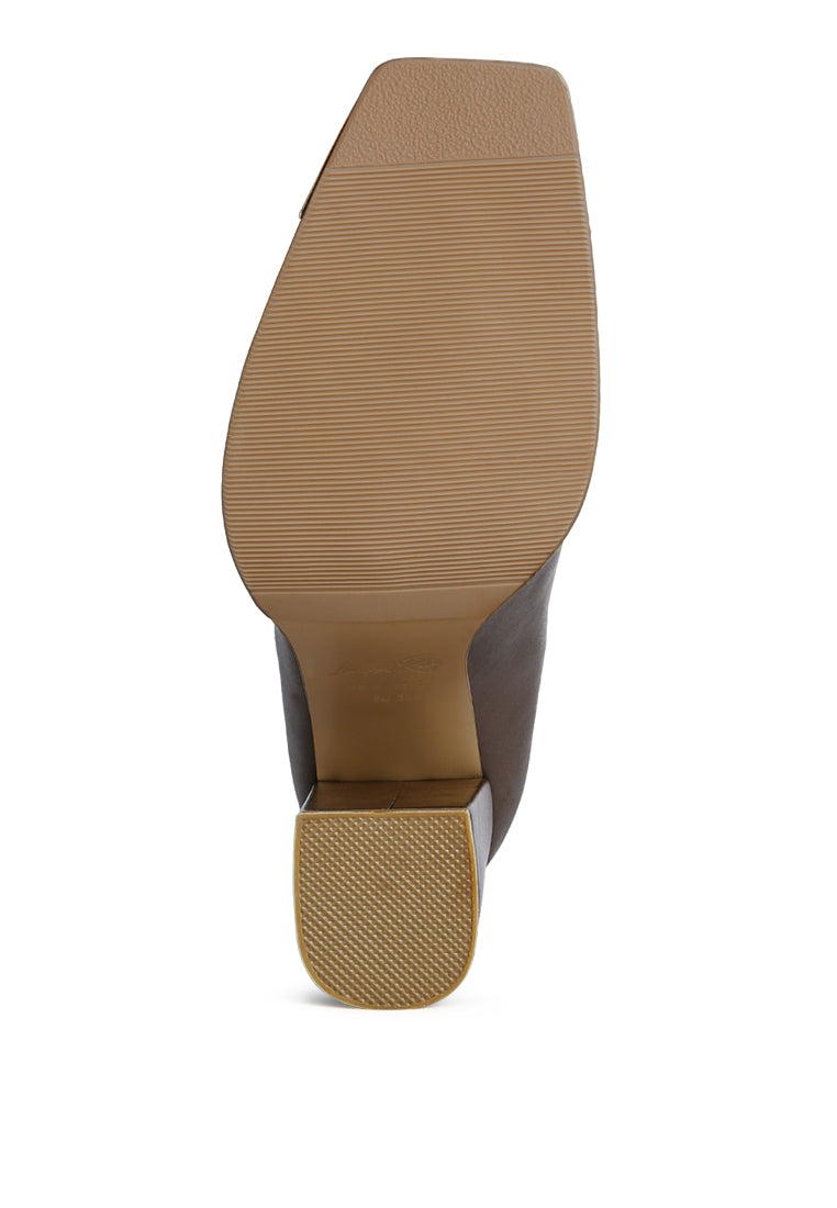 Flower Blade Boot featuring a square toe design, front zipper, and metallic sling detail, perfect for stylish outings.