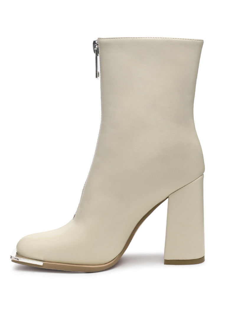 Flower Blade Boot featuring a square toe design, front zipper, and metallic sling detail, perfect for stylish outings.