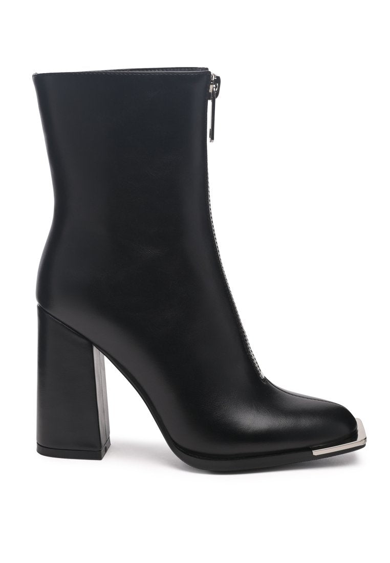 Flower Blade Boot featuring a square toe design, front zipper, and metallic sling detail, perfect for stylish outings.