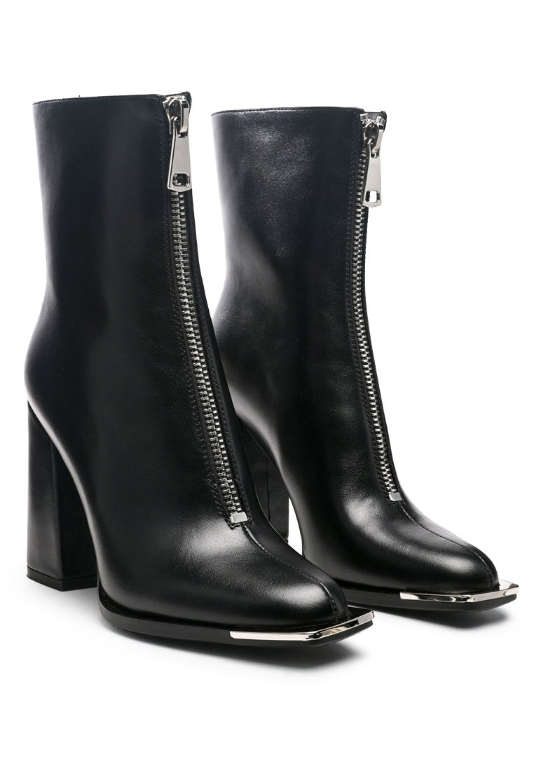 Flower Blade Boot featuring a square toe design, front zipper, and metallic sling detail, perfect for stylish outings.