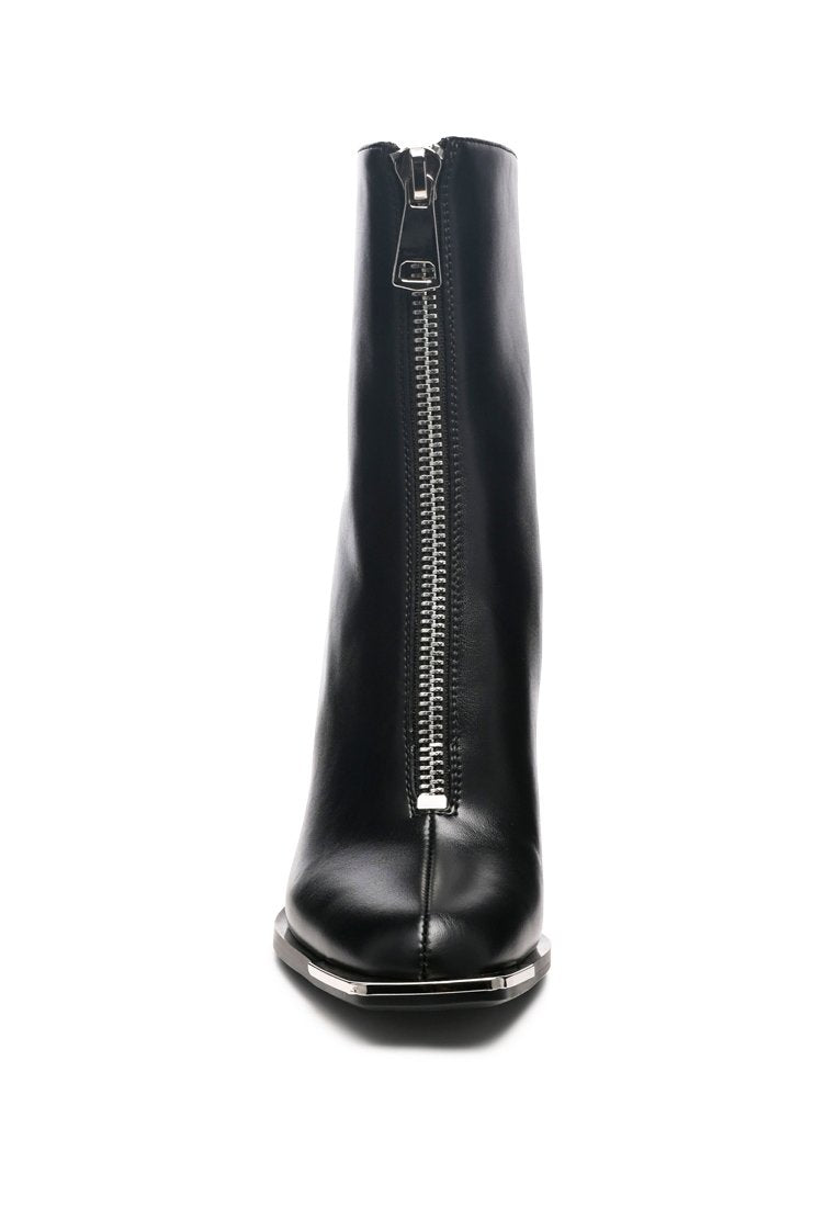 Flower Blade Boot featuring a square toe design, front zipper, and metallic sling detail, perfect for stylish outings.