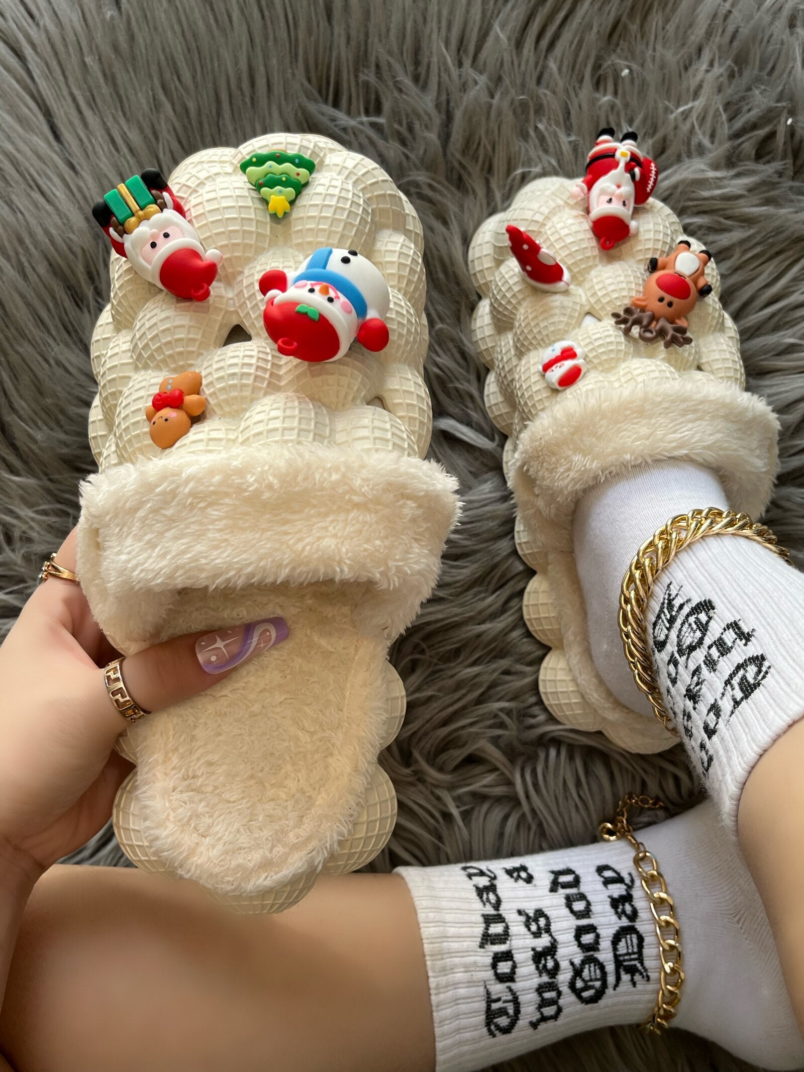 Funny DIY Bubble Slippers in a cozy furry design, perfect for Christmas lounging.