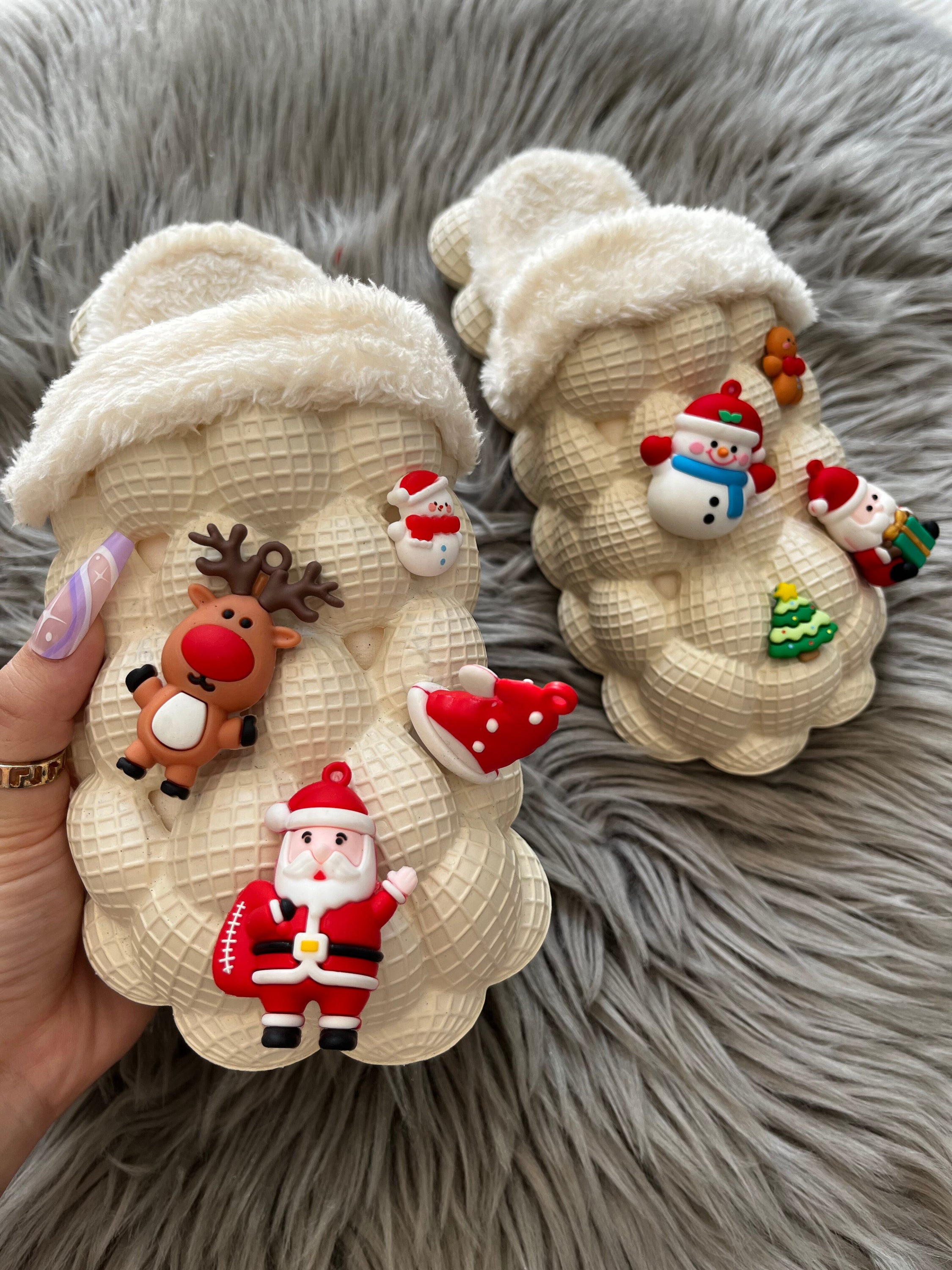 Funny DIY Bubble Slippers in a cozy furry design, perfect for Christmas lounging.