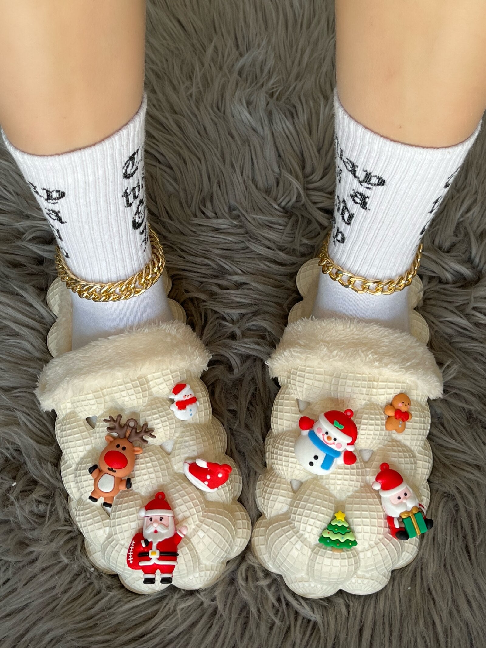 Funny DIY Bubble Slippers in a cozy furry design, perfect for Christmas lounging.
