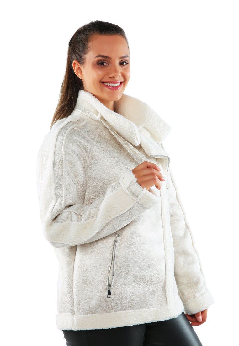 Fur Lined Faux Leather Biker Jacket with lapel collar and side zipper pockets, perfect for winter rides.