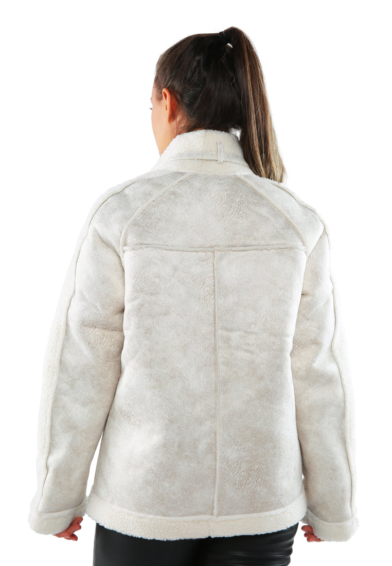 Fur Lined Faux Leather Biker Jacket with lapel collar and side zipper pockets, perfect for winter rides.