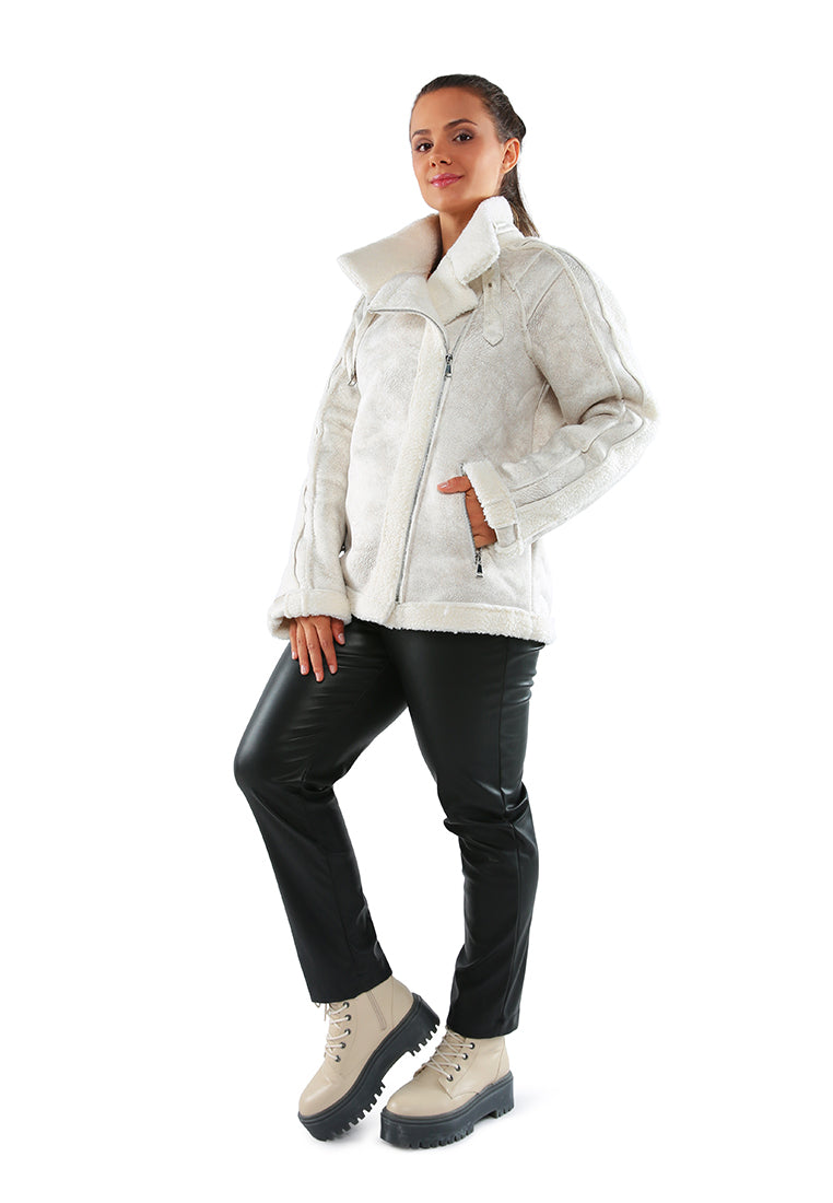 Fur Lined Faux Leather Biker Jacket with lapel collar and side zipper pockets, perfect for winter rides.