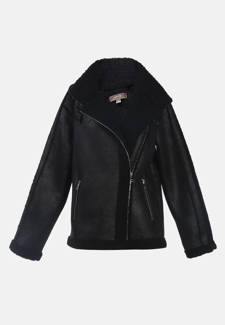 Fur Lined Faux Leather Biker Jacket with lapel collar and side zipper pockets, perfect for winter rides.