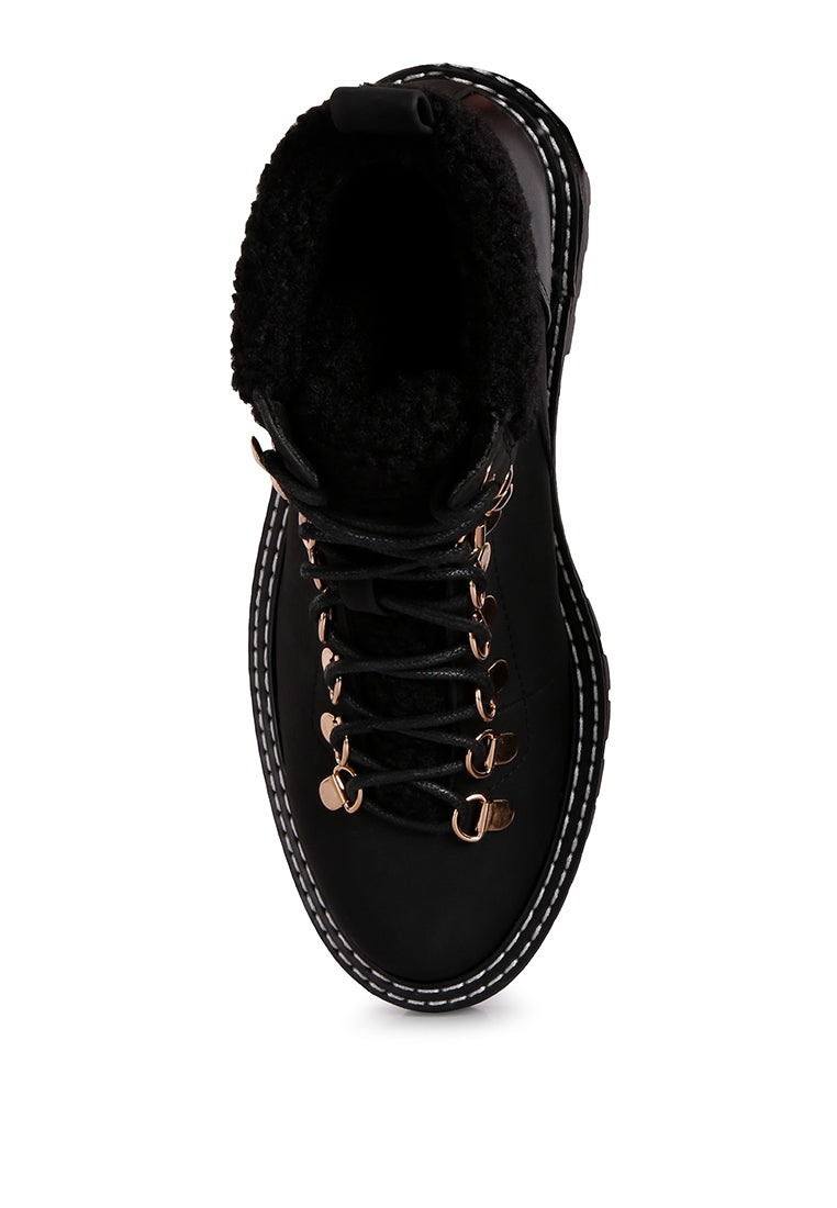 Gatlinburg Shearling Collar Ankle Boots featuring metallic eyelets and a stylish shearling collar.