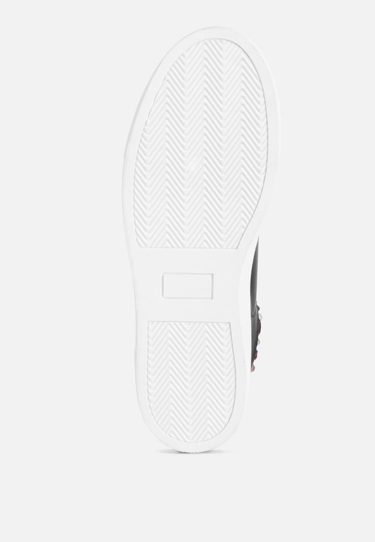 Gems Sneakers featuring diamante embellishments on faux leather, showcasing a stylish and casual design.