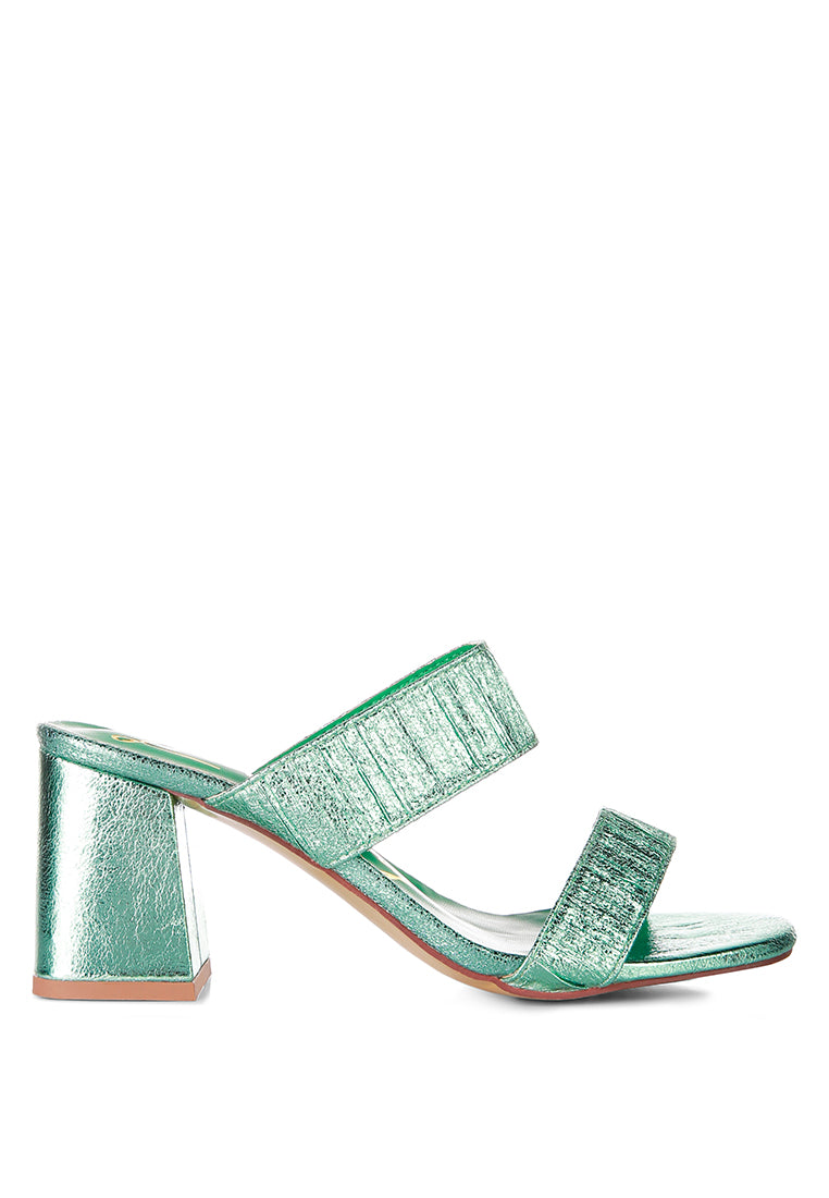 Giblet Metallic Slip On Block Heels featuring open square toe and double straps in a stylish design.