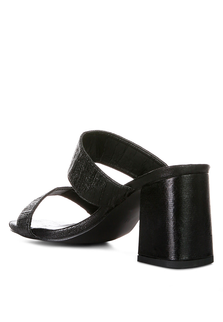 Giblet Metallic Slip On Block Heels featuring open square toe and double straps in a stylish design.